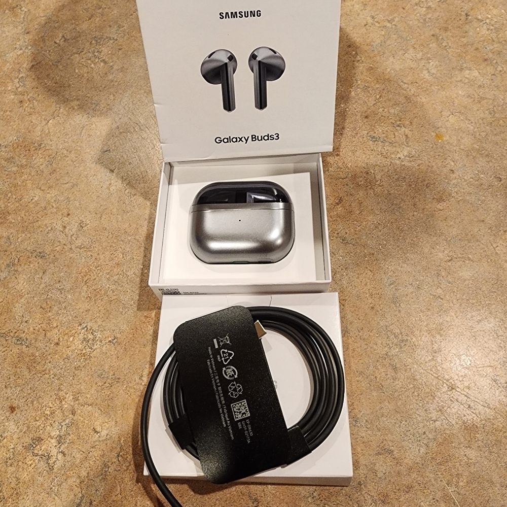 Samsung Galaxy Buds3 in Metallic Gray with Charging Cable